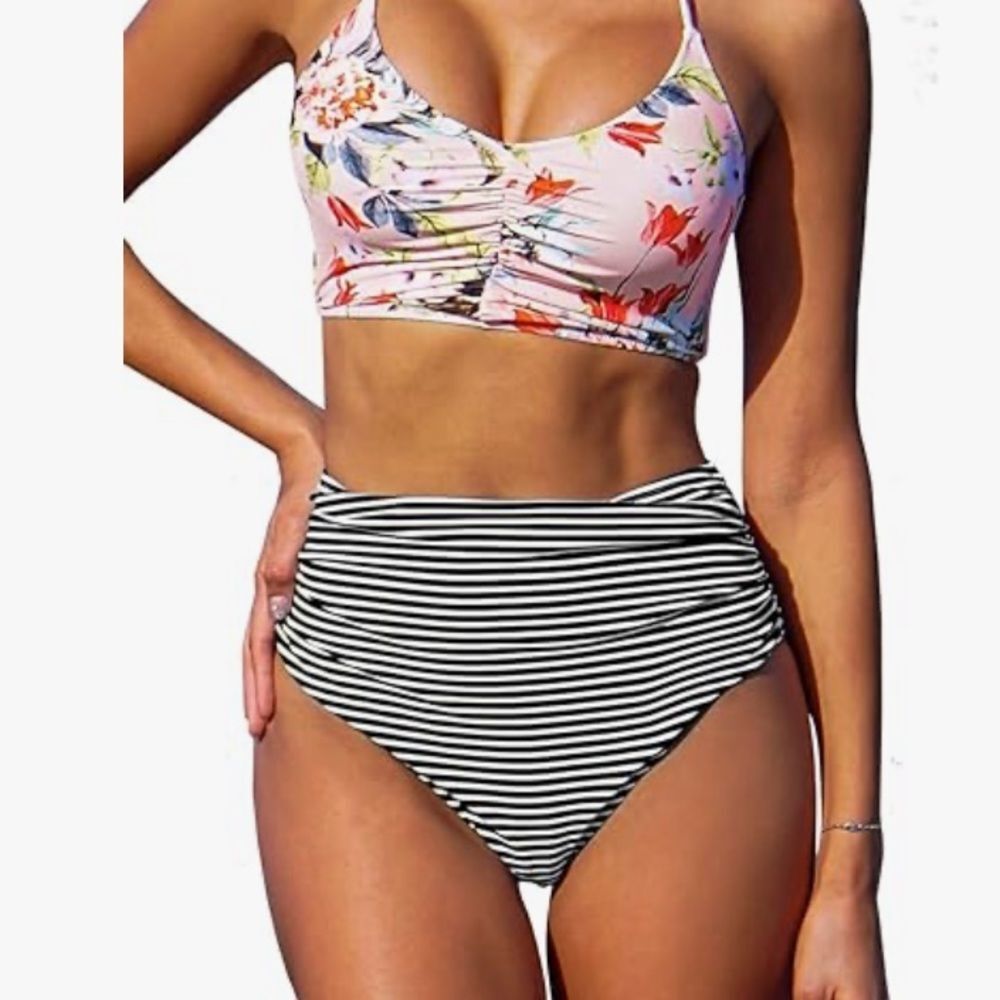 NEW Cupshe Black & White Striped High Waisted Bikini Bottoms